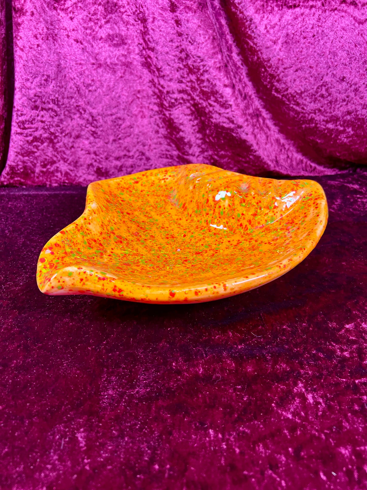 Vintage Ashtray - Sculptural Ceramic Drip Glaze - Bright Orange with Green Flecks - Large
