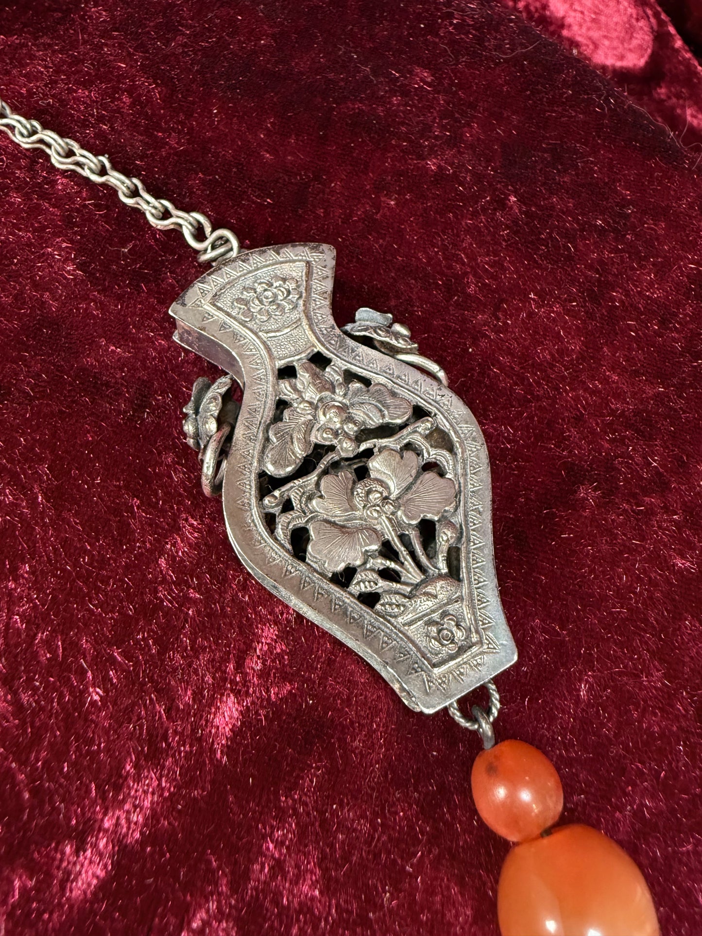 Antique Sterling Silver Needle Case Pendant Chatelaine – Carnelian Bead Late Qing Dynasty Style