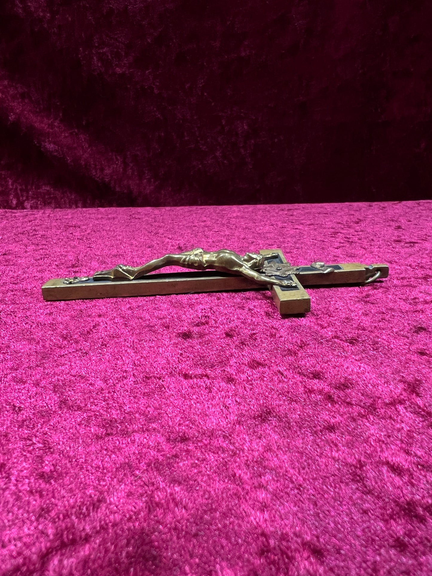 Vintage Brass Crucifix Cross - Ebony Inlay Skull and Crossbones Wall Hanging