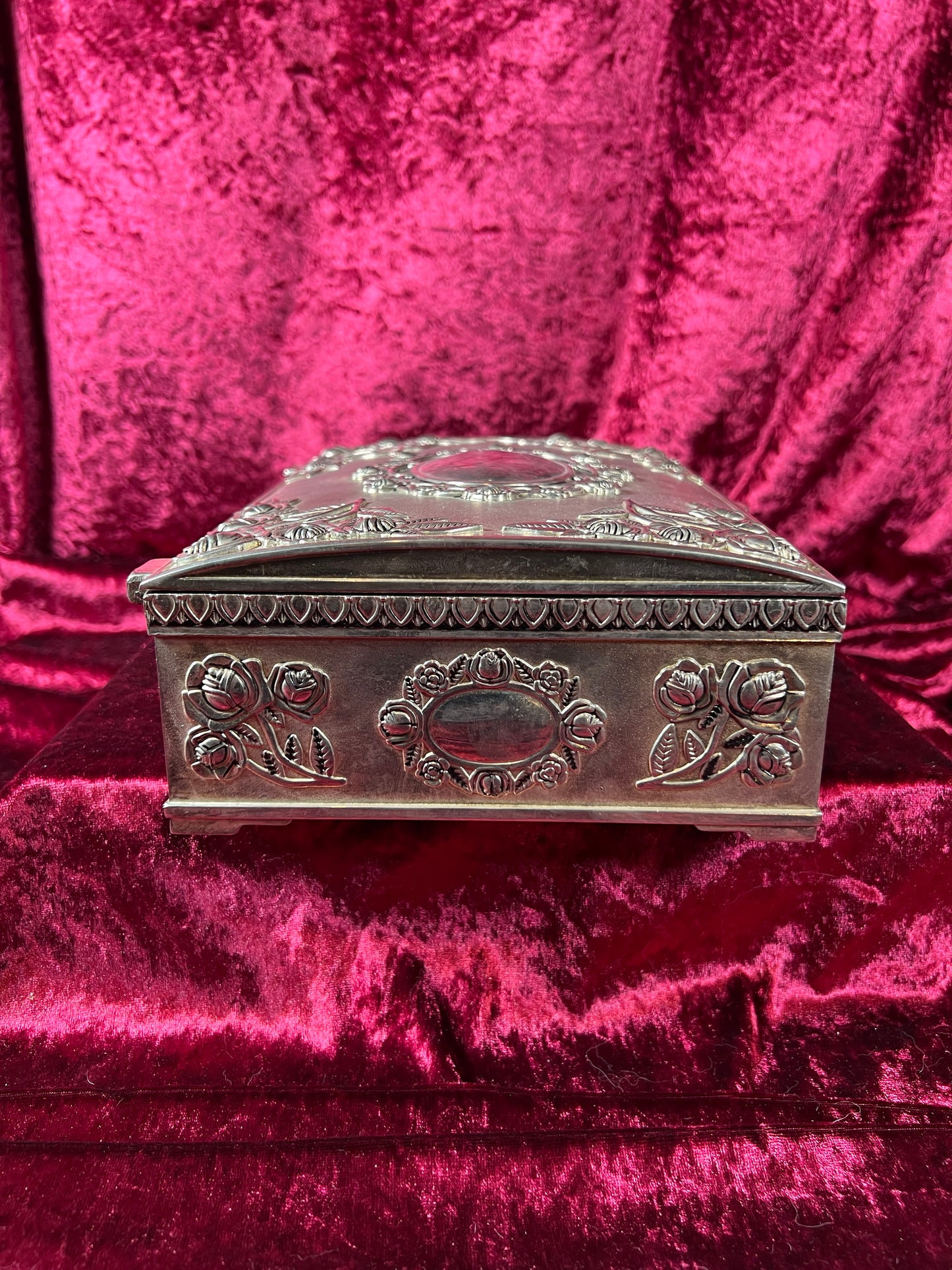 Vintage Vanity - Large Jewelry Box - Ornate Silver Rose Filigree - Red Felt Lining