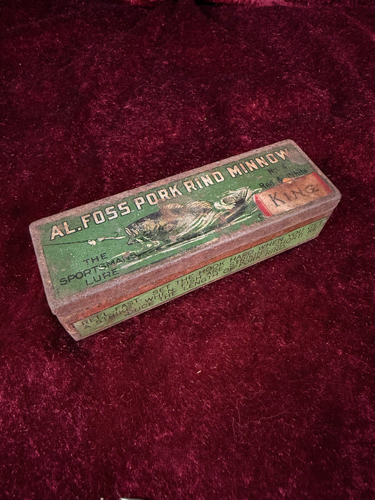Vintage Tin Fishing Lure Box - Al Foss Pork Rind Minnow King Size