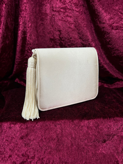 Vintage 100% Silk Evening Bag - Ivory Tassel Rope Crossbody Mini Purse