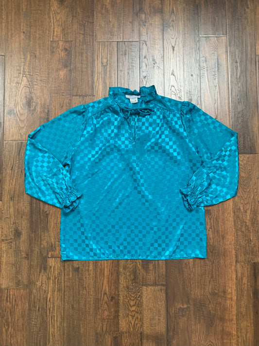 Vintage Clothing - Tie Front Blouse - Checkered Teal - Allison Hill - X-Large