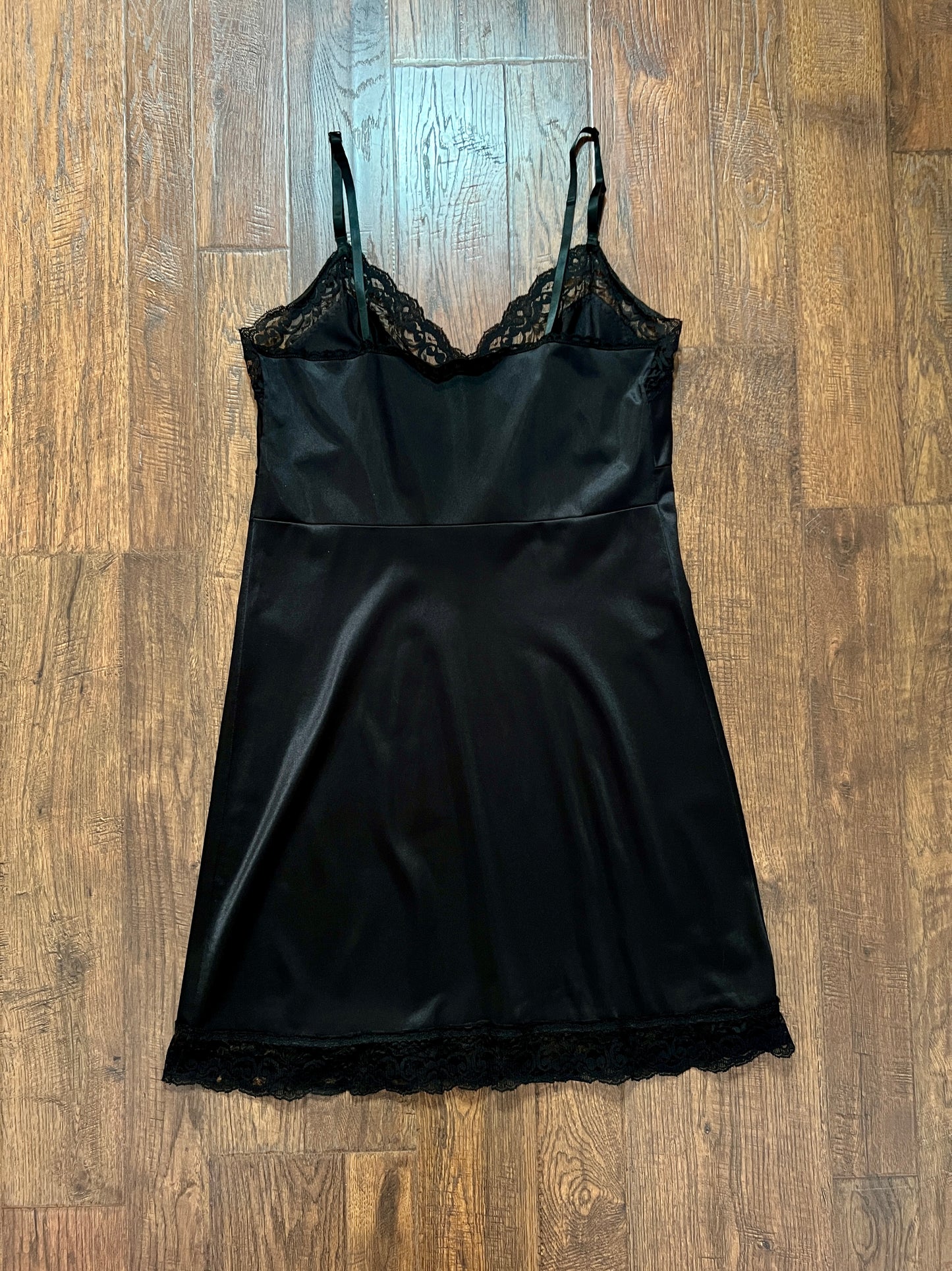 Vintage Nylon Spaghetti Strap Slip Dress - Black Lace Trim Nightgown