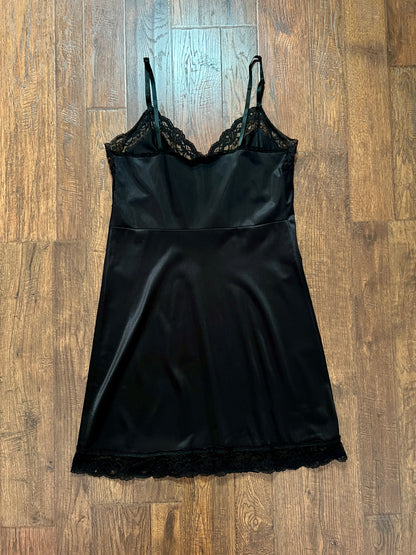 Vintage Nylon Spaghetti Strap Slip Dress - Black Lace Trim Nightgown
