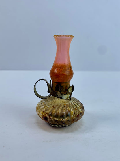 Vintage Perfume Bottle - Miniature Oil Lamp - Amber Glass - 2 1/2"