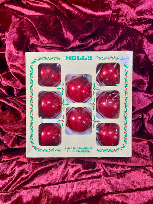 Vintage Christmas - Glass Ornament Set - Solid Red - Holly - Made In USA