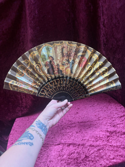 Vintage Mid Century Painted Wood Folding Fan – Double-Sided European Court Scenes