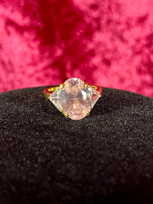 Vintage 14K HGE Cocktail Ring – Oval Cut Pink and Clear Faceted Cubic Zirconia - Size 8