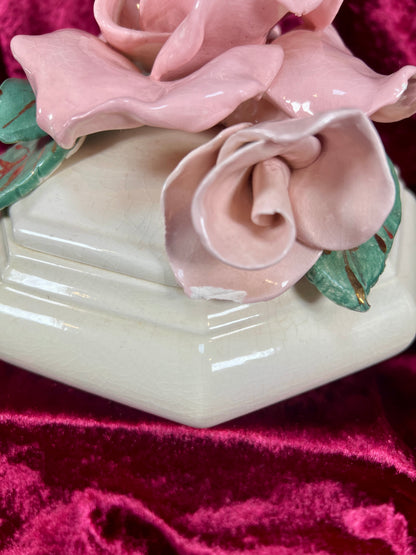 Vintage Trinket Dish - Ceramic - Giant Pink Rose - Chipped