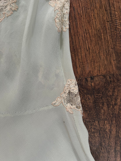 Vintage 1940s Bias Cut Slip Dress - Seafoam Green Lace Nightgown - Medium