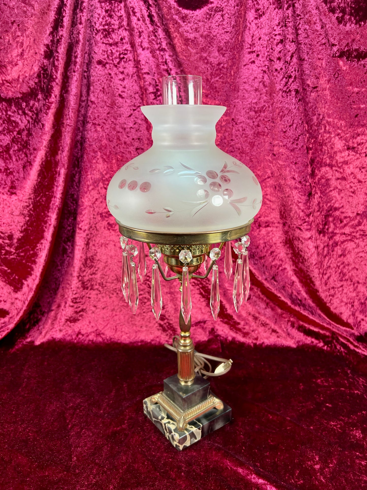Antique Marble and Brass Sinumbra Style Hurricane Lamp – Frosted Glass Shade with Crystal Prisms