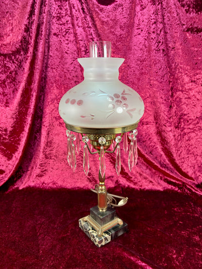 Antique Marble and Brass Sinumbra Style Hurricane Lamp – Frosted Glass Shade with Crystal Prisms