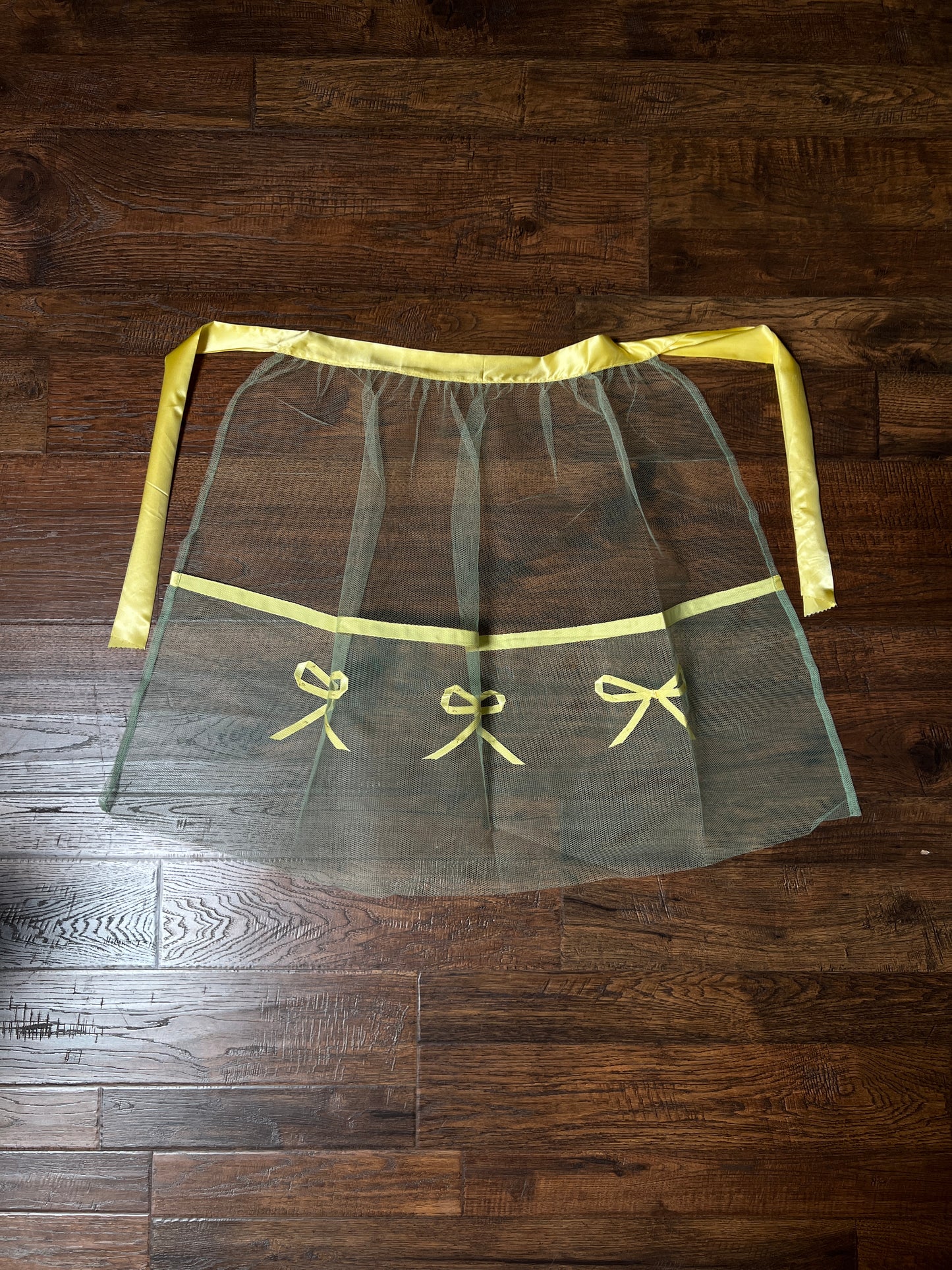 Vintage Handmade Green Tulle Half Apron — Mid Century Yellow Satin Ribbon Bows