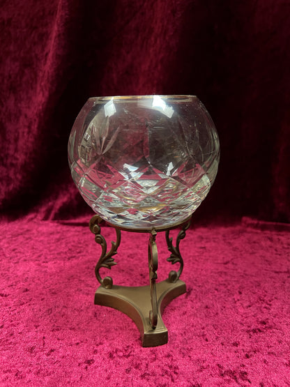 Vintage Cut Crystal Candle Holder - Rose Globe on Ornate Brass Pedestal Stand