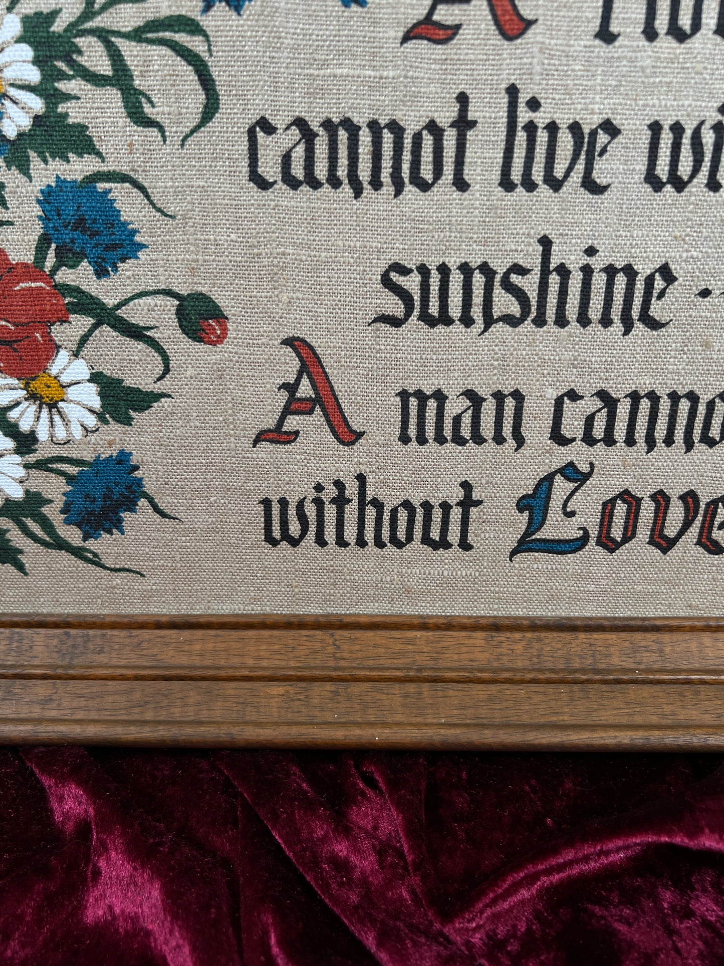 Vintage Linen Wall Art - Kay Dee Handprints Floral Love Quote Screenprint