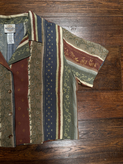 Vintage Bentley Cropped Button Up Shirt - Striped Floral Camp Shirt - Large