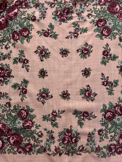 Vintage Kashmir Woole Floral Fringe Scarf - Pink Rose Square Wrap Bohemian Style