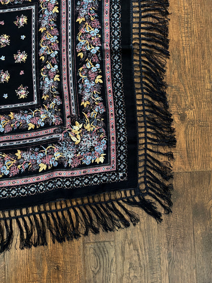 Vintage Kashmir Woole Floral Fringe Scarf - Dark Blue Square Wrap Bohemian Style