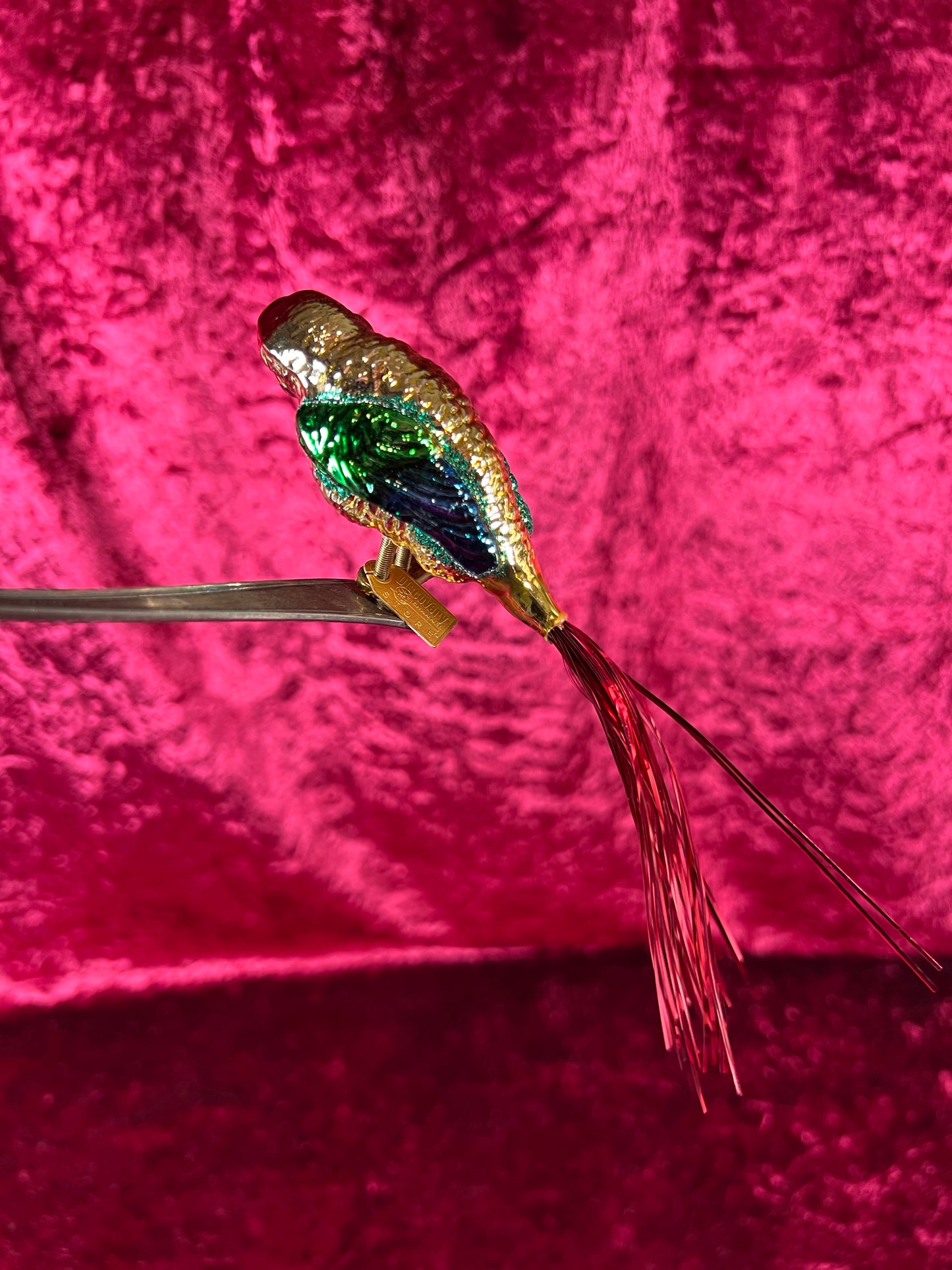 Vintage Christmas - Glass Clip-On Ornament - Rainbow Macaw Parrot with Tinsel Tail - Made In Germany