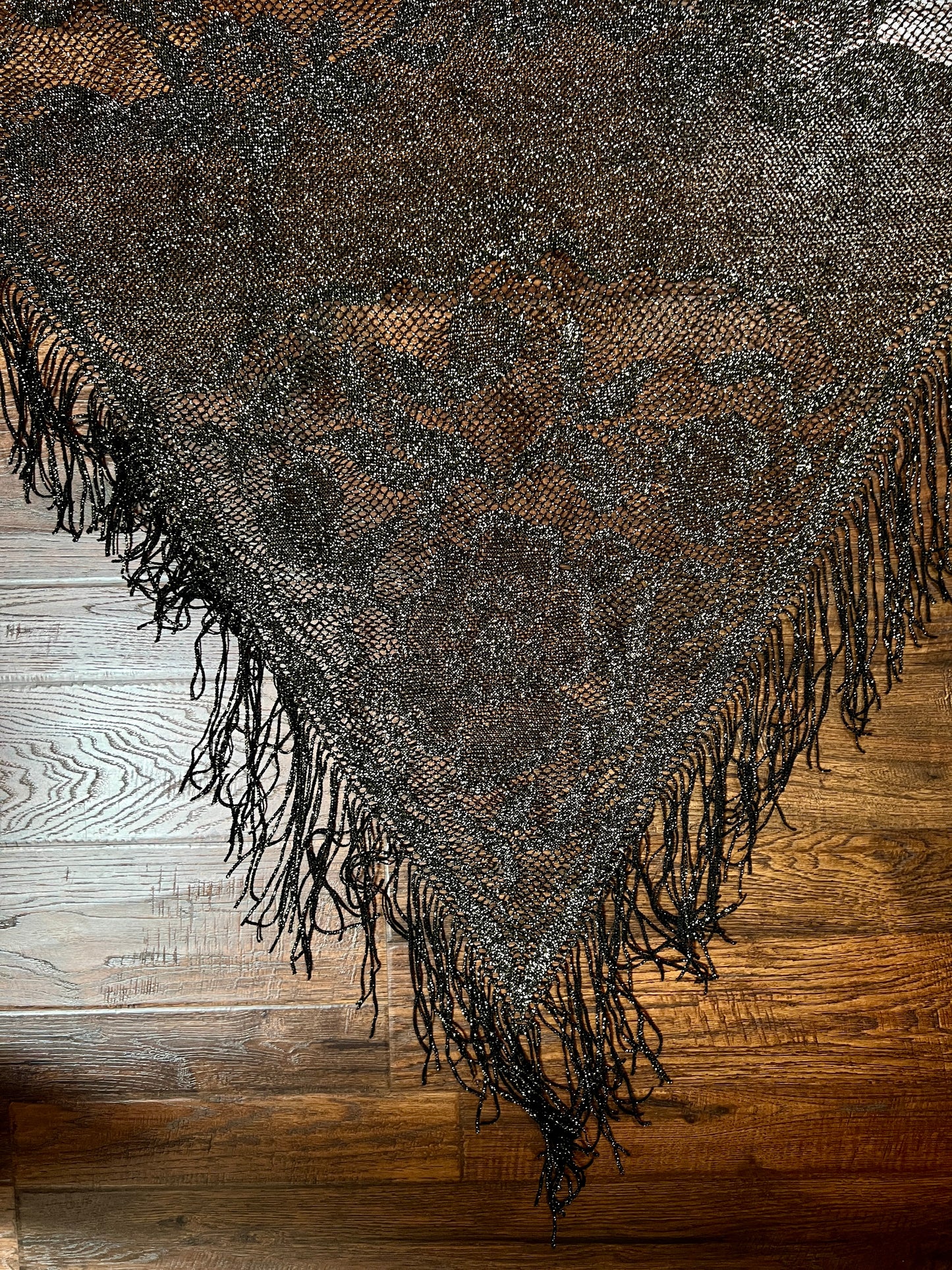 Vintage Metallic Net Shawl - Black Gold Floral Lace Fringe Triangle Wrap