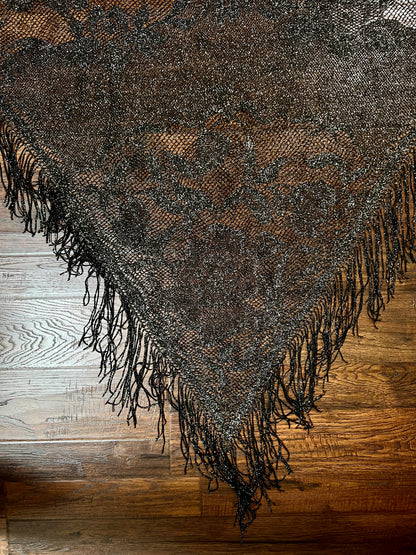 Vintage Metallic Net Shawl - Black Gold Floral Lace Fringe Triangle Wrap