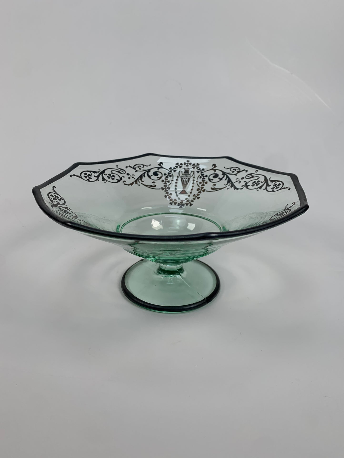 Vintage Pedestal Candy Dish - Green Glass with Sterling Silver Overlay - Ornate Grecian Urns