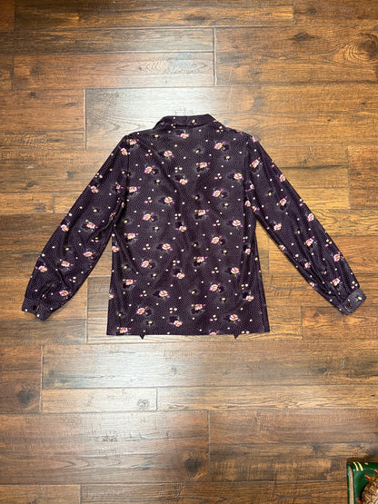 Vintage Clothing - 1970s Polyester Tie-Neck Blouse - Flower Clusters on Purple - Ecco Bay - Medium