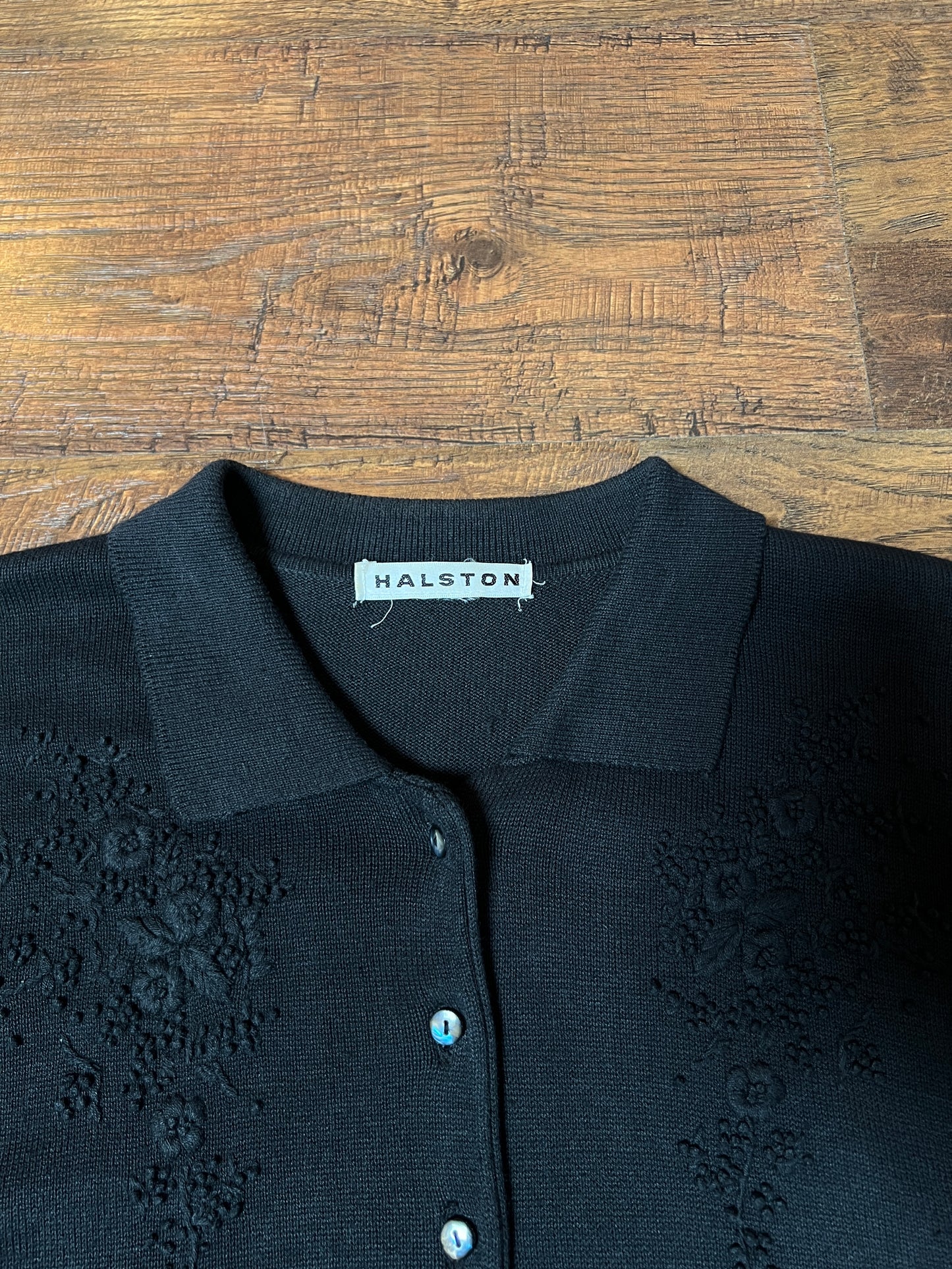 Vintage Halston Knit Cardigan - Black Floral Embroidered Short Sleeve Sweater - Small