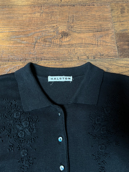 Vintage Halston Knit Cardigan - Black Floral Embroidered Short Sleeve Sweater - Small