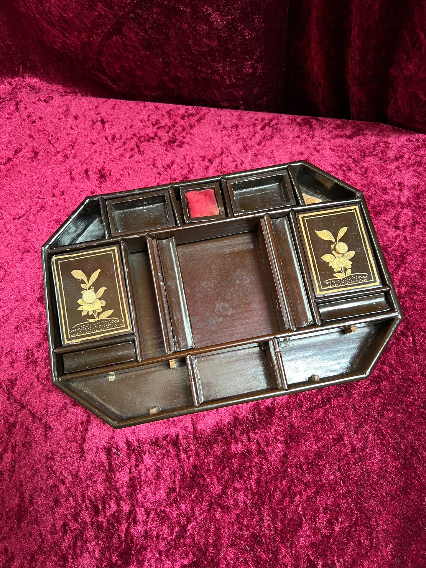 Antique Sewing Kit - Black Lacquer Ladies Work Box - Octagonal 19th Century Asian Chinoiserie