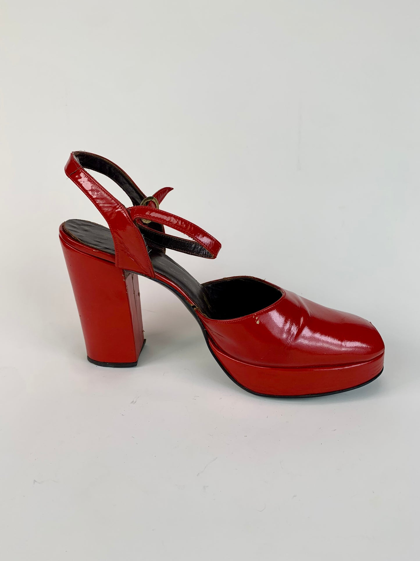 Vintage Shoes - Patent Leather Peep Toe Platform Heels - Cherry Red - 7 1/2