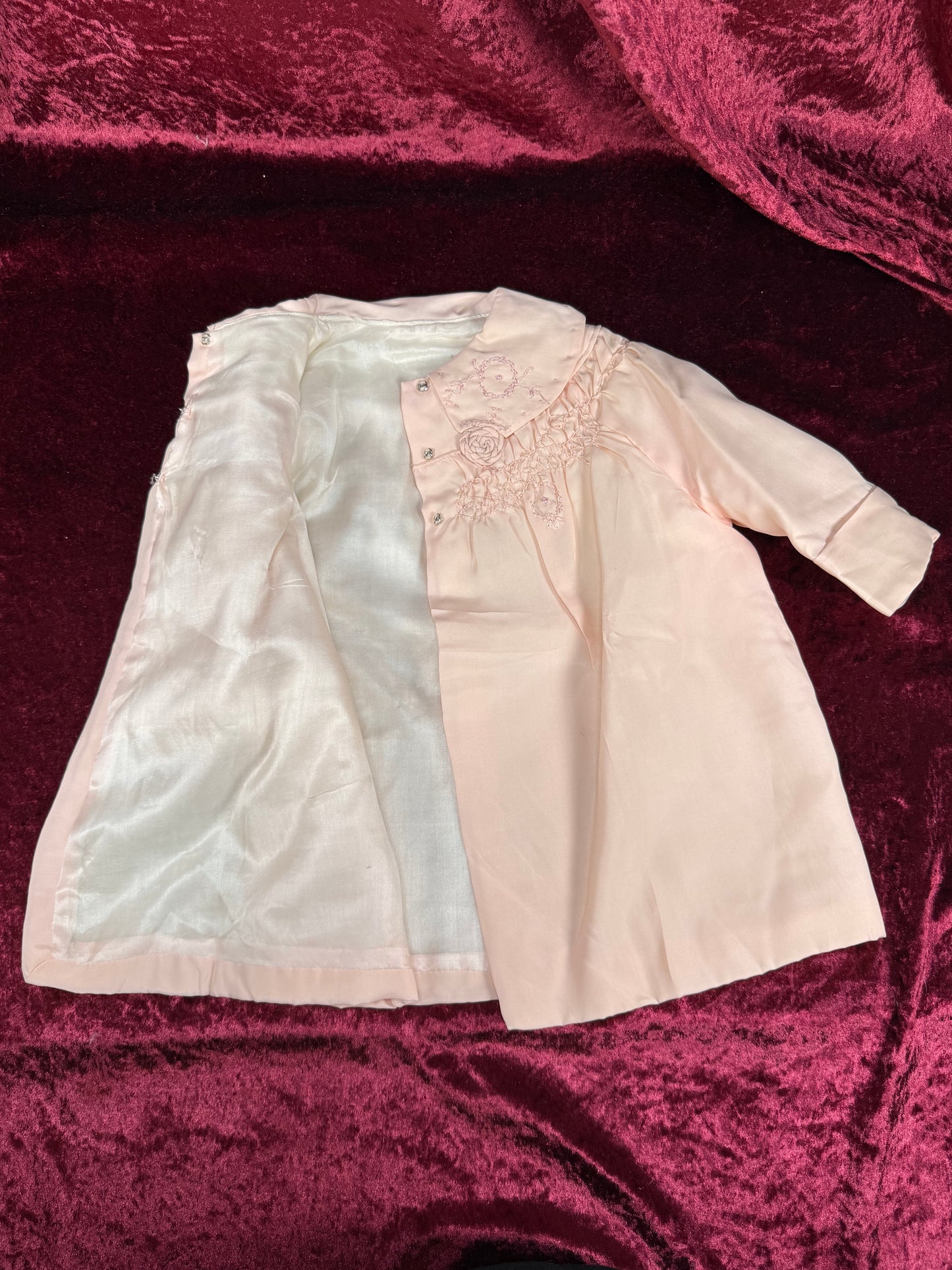 Vintage Silk Baby Capelet – Blush Pink Embroidered Lined Infant Coat