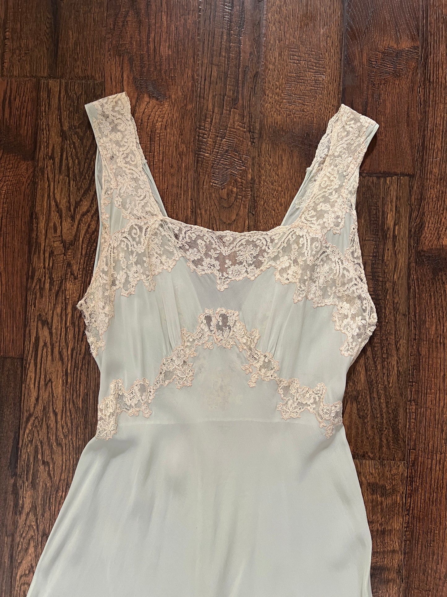 Vintage 1940s Bias Cut Slip Dress - Seafoam Green Lace Nightgown - Medium