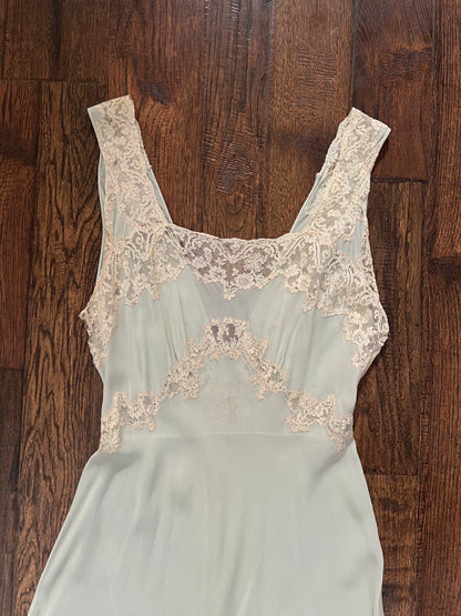 Vintage 1940s Bias Cut Slip Dress - Seafoam Green Lace Nightgown - Medium
