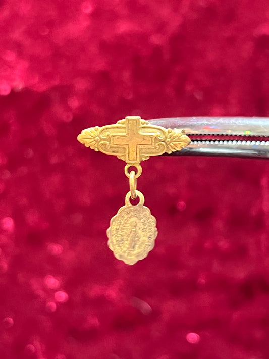 Vintage Jewelry - Baby Christening Brooch - Brass Cross - Miraculous Medal Pendant