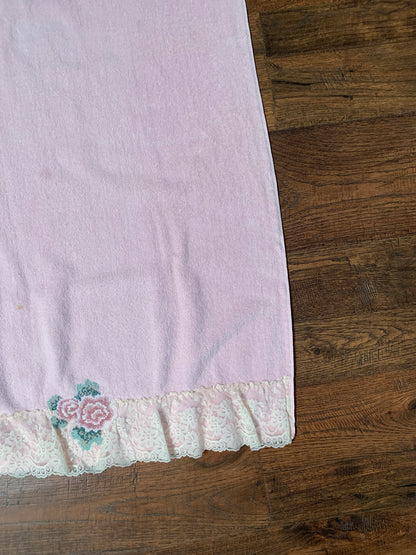 Vintage 1985 Trousseau Bath Towel - Pink with Needlepoint Rose and Lace Trim