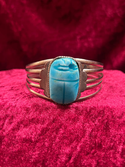 Vintage Jewelry - Chunky Cuff Bracelet - Egyptian Revival Blue Scarab
