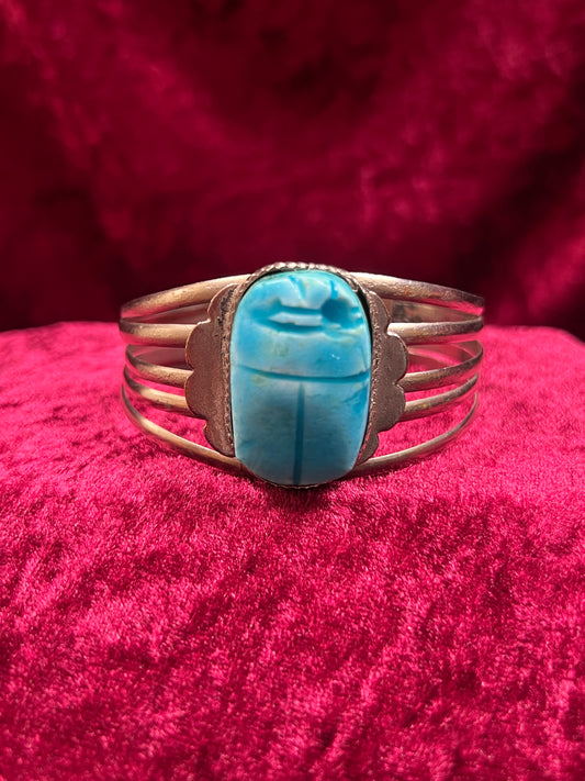 Vintage Jewelry - Chunky Cuff Bracelet - Egyptian Revival Blue Scarab