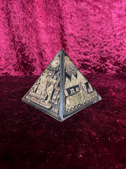 Vintage Metal Pyramid Paperweight - Gold Hieroglyphic Egyptian Souvenir