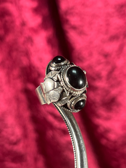 Vintage Jewelry - Adjustable Poison Ring - 925 Silver - Black Onyx Center Stone - Taxco