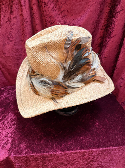Vintage Accessories - Straw Cowboy Hat with Feathers - Shady Brady Unisex Large