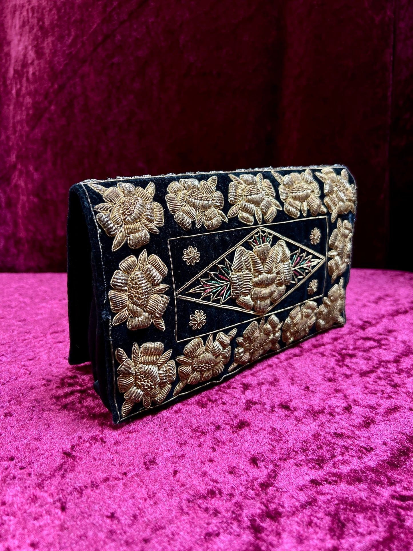 Vintage Double Sided Velvet Evening Clutch – Embroidered Peacock - Zardozi