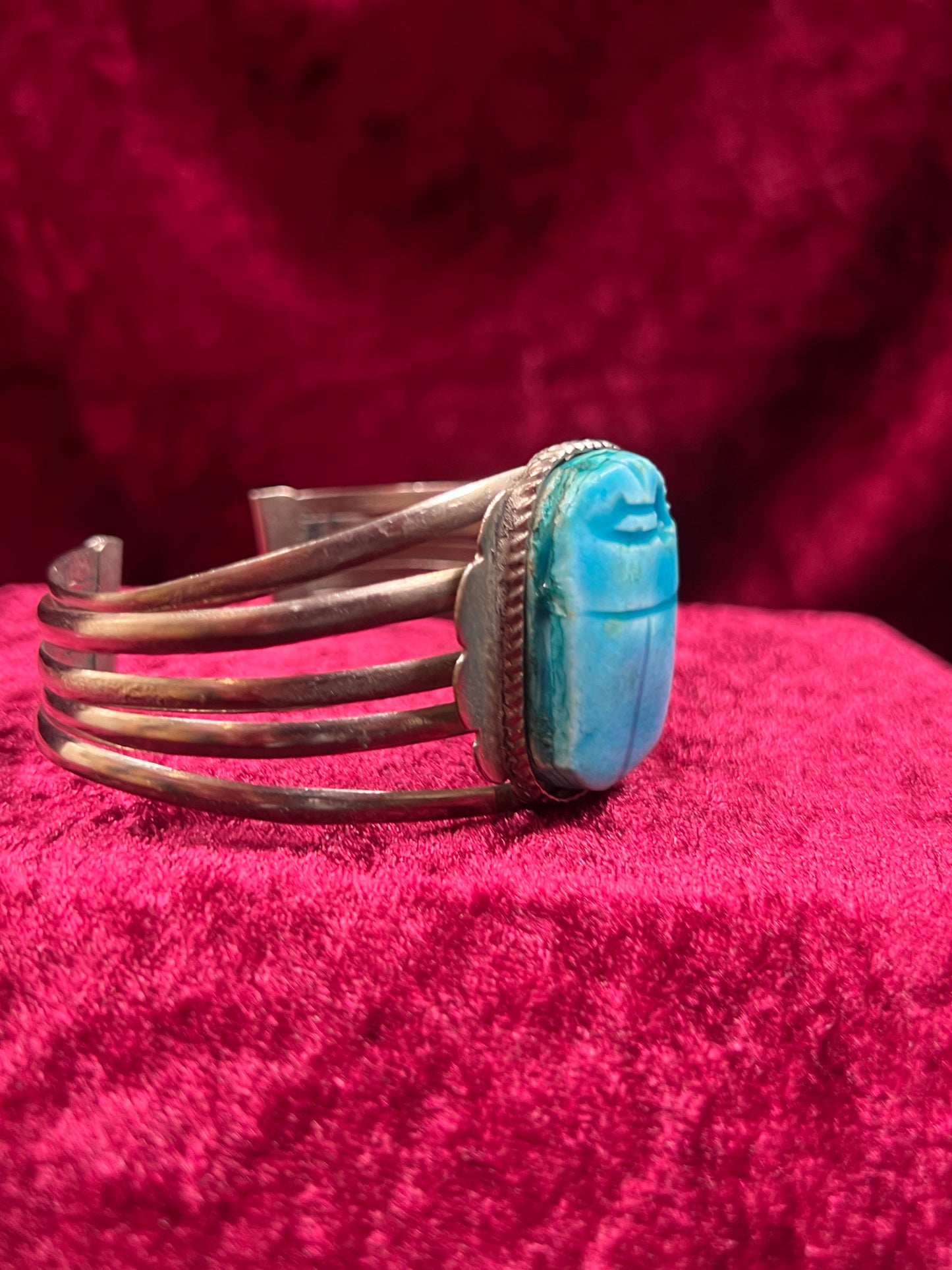 Vintage Jewelry - Chunky Cuff Bracelet - Egyptian Revival Blue Scarab