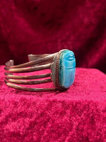 Vintage Jewelry - Chunky Cuff Bracelet - Egyptian Revival Blue Scarab