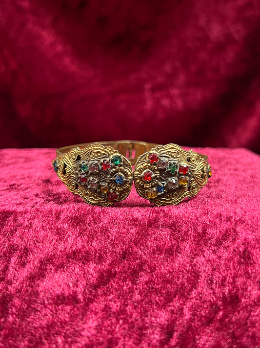 Vintage Jewelry - Hinged Bangle Bracelet - Multicolor Rhinestones in Ornate Brass Setting