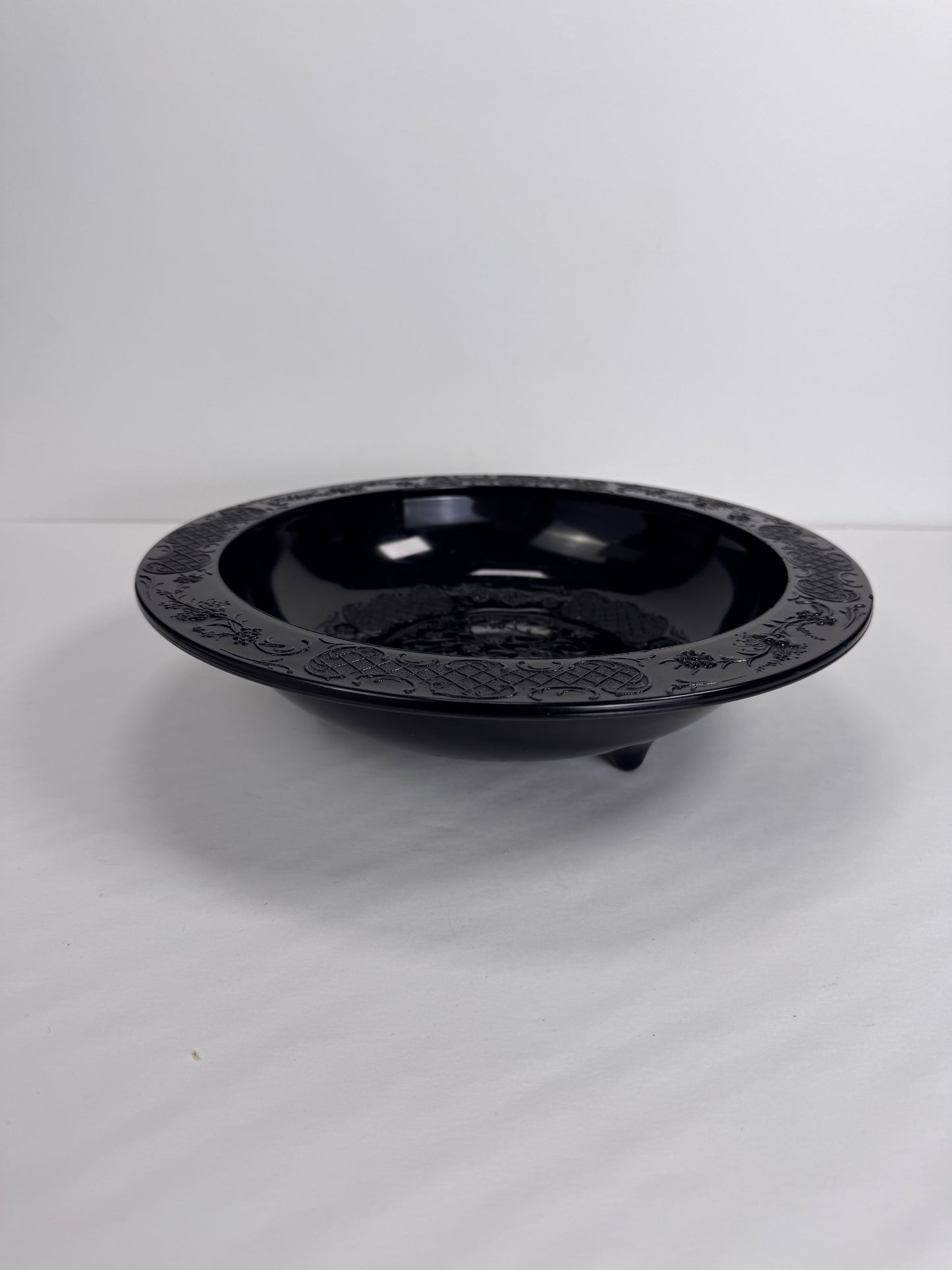 Vintage Footed Black Pressed Glass Bowl - Floral Trellis Decorative Pattern