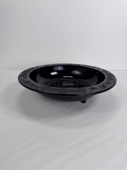 Vintage Footed Black Pressed Glass Bowl - Floral Trellis Decorative Pattern