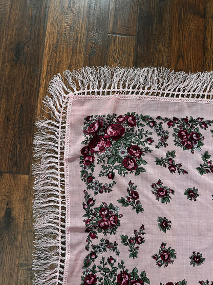 Vintage Kashmir Woole Floral Fringe Scarf - Pink Rose Square Wrap Bohemian Style