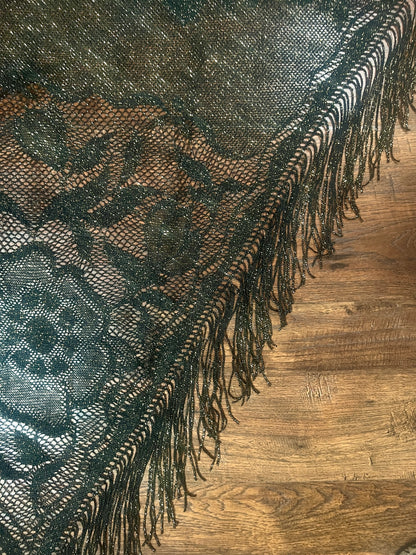 Vintage Metallic Net Shawl - Black Gold Floral Lace Fringe Triangle Wrap